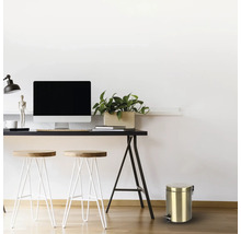 Scene met bureau, stoelen, computermonitor, plant en een metalen emmer met voetpedaal.