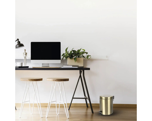 Scene met bureau, stoelen, computermonitor, plant en een metalen emmer met voetpedaal.