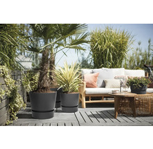 Terras met planten in grijze plantenbakken en zitgroep