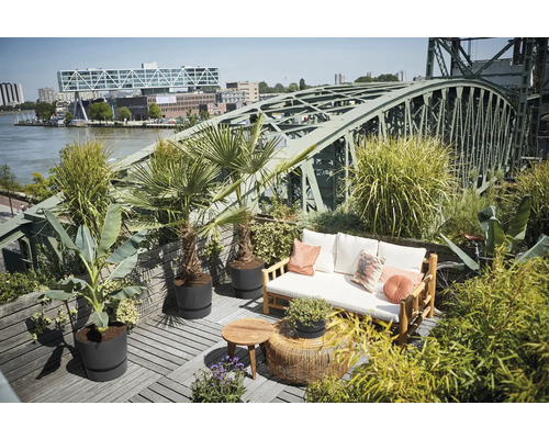 Dakterras met houten vloer, bank met kussens, tafels en planten voor een stalen brug.