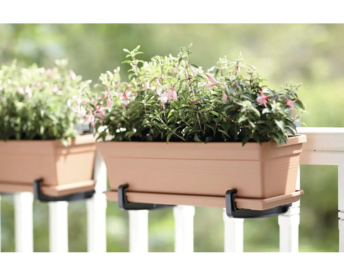 Bloembakken met beugel aan een reling met planten.