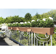 Rij bloembakken met witte geraniums, bevestigd aan een sierlijk balkonhek.