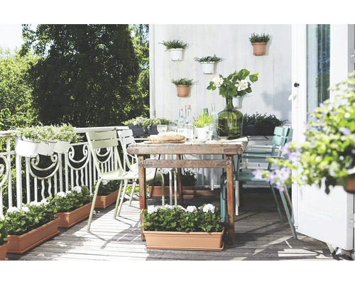 Licht, georganiseerd terras met tafel, stoelen en diverse plantenbakken aan de muur en op de grond.