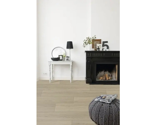 Lichte, vriendelijke inrichting met open haard, tafel, lamp en zitkussen.