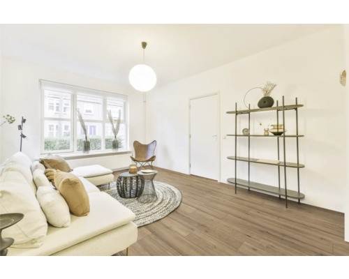 Lichte woonkamer met bank, rekken en houten vloer