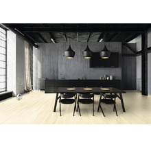 Lichte vloerbedekking in een moderne eetkamer met eettafel en stoelen