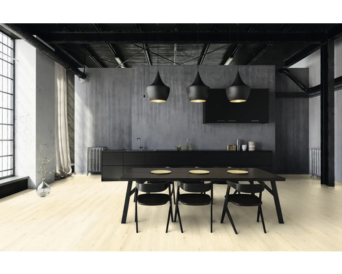 Lichte vloerbedekking in een moderne eetkamer met eettafel en stoelen