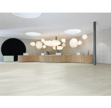 Lichte ruimte met receptie, houten balie en decoratieve hanglampen