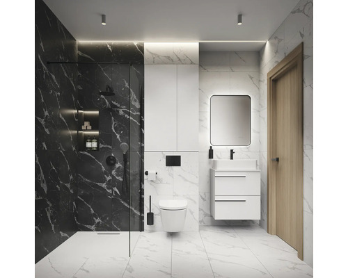 Moderne badkamer met douche, wastafel, spiegelkast en marmerlook