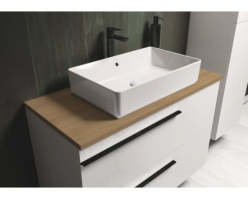 Moderne badkamer met opzetwastafel, kraan en onderkast