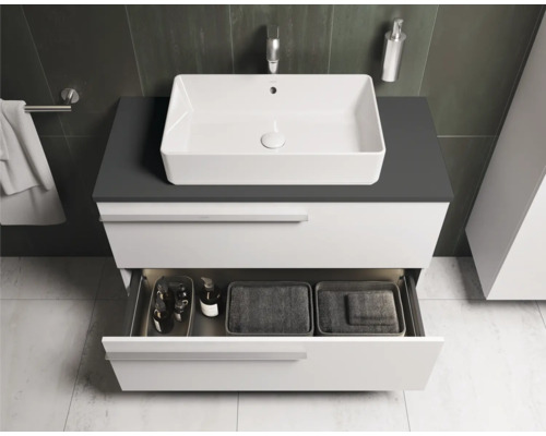 Wastafelonderkast met open lade en rechthoekige opzetwastafel