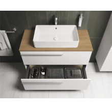 Badkamermeubel met open lade, opzetwastafel en houten blad