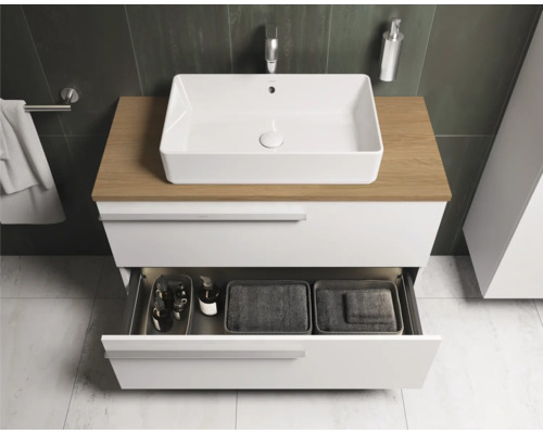 Badkamermeubel met open lade, opzetwastafel en houten blad