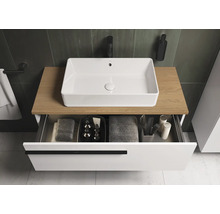 Wastafelonderkast met open lade en rechthoekige opzetwastafel