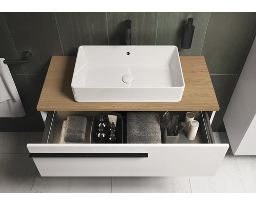 Wastafelonderkast met open lade en rechthoekige opzetwastafel