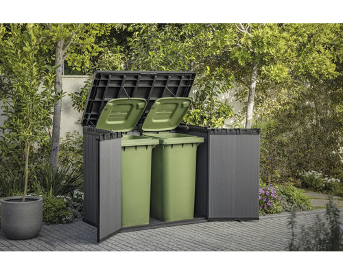 Afvalcontainerbox in de tuin met twee groene afvalcontainers en open deksels.