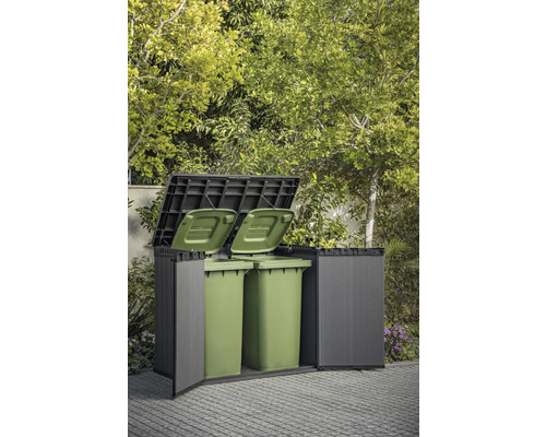 Kunststof afvalcontainerbox met twee groene afvalcontainers in de tuin