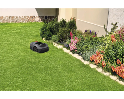 Robotmaaier op een gazon naast een bloembed