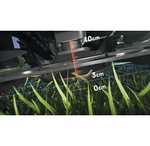 Detail van een grasmaaier met aanduiding van de maaihoogte tussen nul en tien centimeter