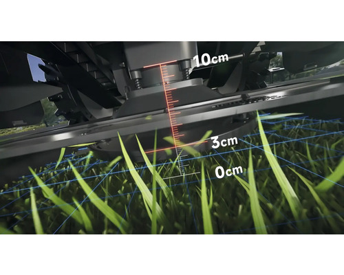 Detail van een grasmaaier met aanduiding van de maaihoogte tussen nul en tien centimeter
