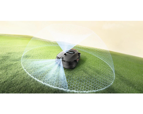 Robotmaaier op een gazon met sensorvisualisatie