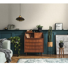 Woonkamer met houten bureau, kamerplanten en decoratieve elementen