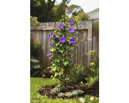 Metalen plantensteun met bloeiende planten in de tuin