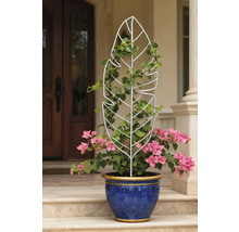 Bloempot met klimrek in bladvorm en roze bloemen