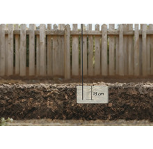 Dwarsdoorsnede van een grond met diepte-aanduiding 15 cm en een hek op de achtergrond.