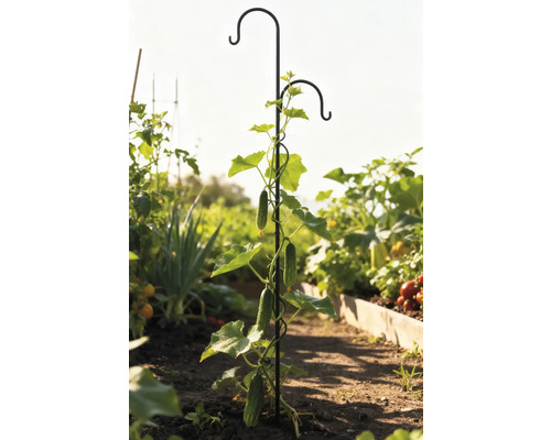 Komkommerplant slingert langs klimhulp in de tuin.