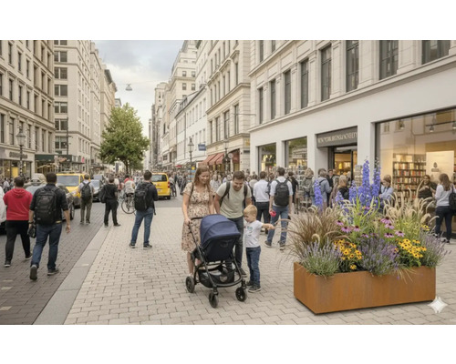 Scene van een drukke straat met plantenbak, gezin met kinderwagen en voetgangers voor gebouwen