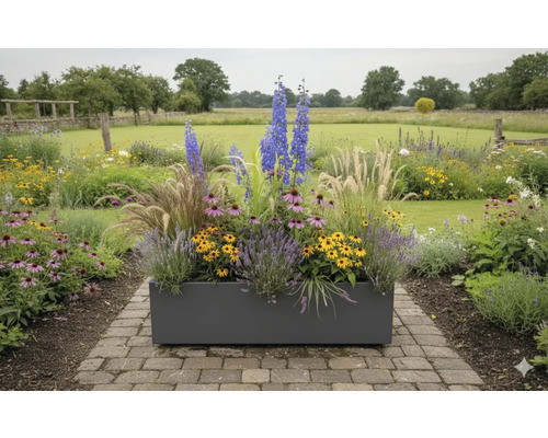 Rechthoekige plantenbak met diverse bloemen en grassen in de tuin