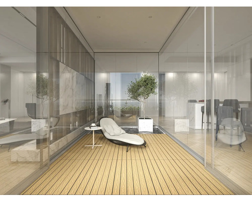 Lichte ruimte met zitgelegenheid, tafel en plant in modern design.