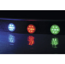 Drie ronde onderwaterlampen met blauwe, rode en groene verlichting