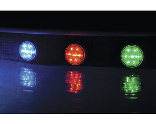 Drie ronde onderwaterlampen met blauwe, rode en groene verlichting