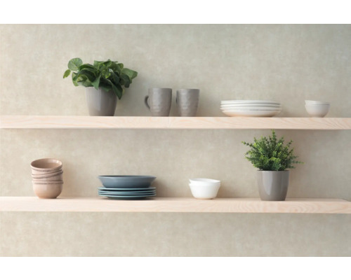 Planken met servies, kopjes en potplanten