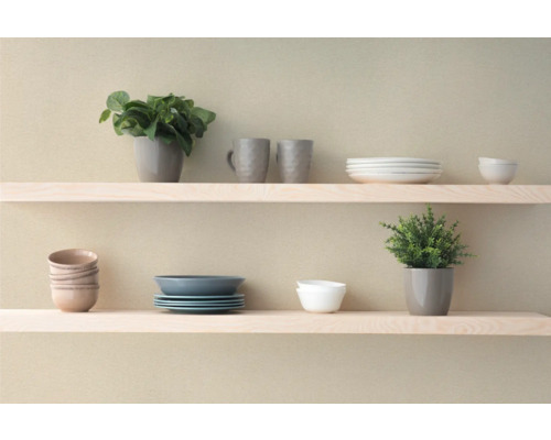 Twee lichte houten planken aan de muur met servies en planten