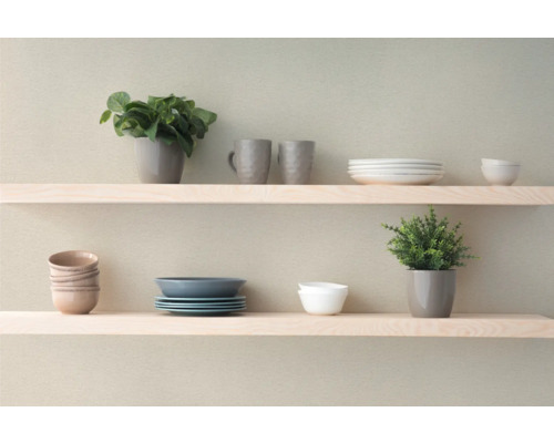 Planken met servies, mokken en planten