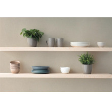 Plank met serviesgoed en planten