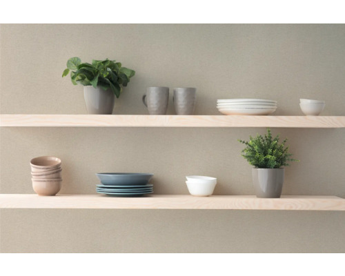 Plank met serviesgoed en planten