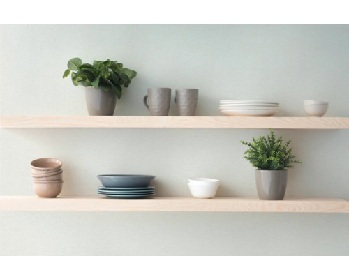 Wandplank met serviesgoed, mokken en potplanten