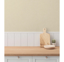 Keukenscène met snijplank, kom en cactus op een aanrechtblad voor een lambriseerde muur.