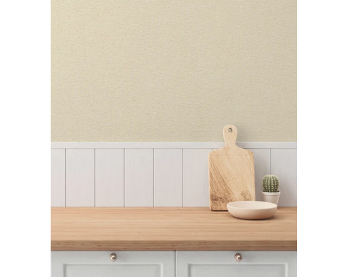 Keukenscène met snijplank, kom en cactus op een aanrechtblad voor een lambriseerde muur.