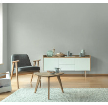 Woonkamer met fauteuil, dressoir, tafel en tapijt in licht design