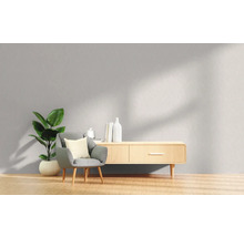 Woonkamer met fauteuil, kamerplant en houten dressoir