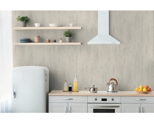 Keukenscène met keukenmeubels, planken, decoratie en keukengerei