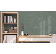 Kamer met groen structuurbehang, bureau en boekenplank