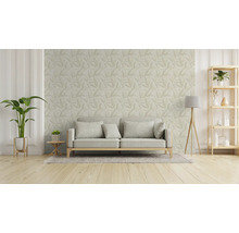 Woonkamer met bank, kamerplanten, vloerlamp en rek