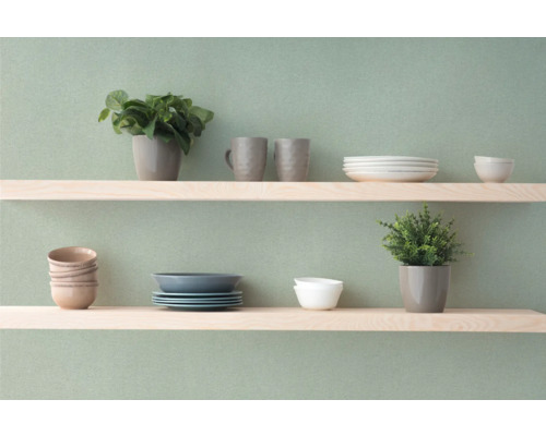 Wandplank met servies en kamerplanten