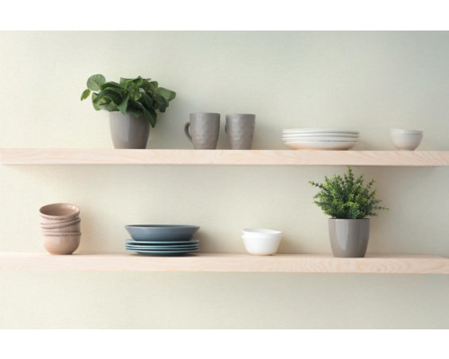 Twee planken met servies en planten.